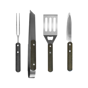 T556, Set de Asado Lira. Estuche con manijas que contiene accesorios para la parrilla: tenedor parrillero-Pinza para servir-cuchillo y espatula.