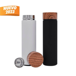 TMPS 165, TERMO JUNEAU. Termo de doble pared. Cerrado al vacío. Pared interna y externa de acero inoxidable. Terminado tipo rubber. Incluye tapa de plástico simulación madera. Mantiene temperatura caliente 6 hrs y temperatura fría 8 hrs aproximadamente. Incluye caja individual.