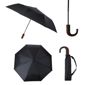 PM 19, NOOK. Paraguas de poliéster de 8 gajos con varillas reforzadas, cintilla de seguridad con velcro y mango con botón de sistema de apertura automático. Incluye funda.