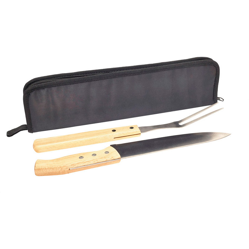 T416, Set de Asado GRILL. Set de cuchillo y tenedor con mango de madera. Estuche de polyester con cierre.