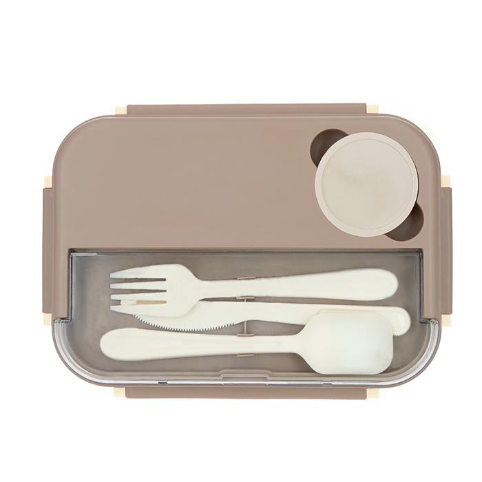 HO 150, JIM. Contenedor de alimentos de plástico con 4 compartimentos, con doble tapa, 4 broches de seguridad y mini recipiente. Incluye cuchara, tenedor y cuchillo.