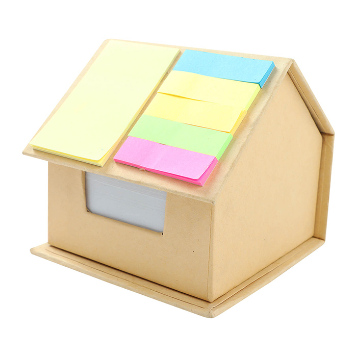 LE 055, NOT. Estuche ecológico rígido en forma de casa que contiene block de notas y banderas adhesivas de colores.